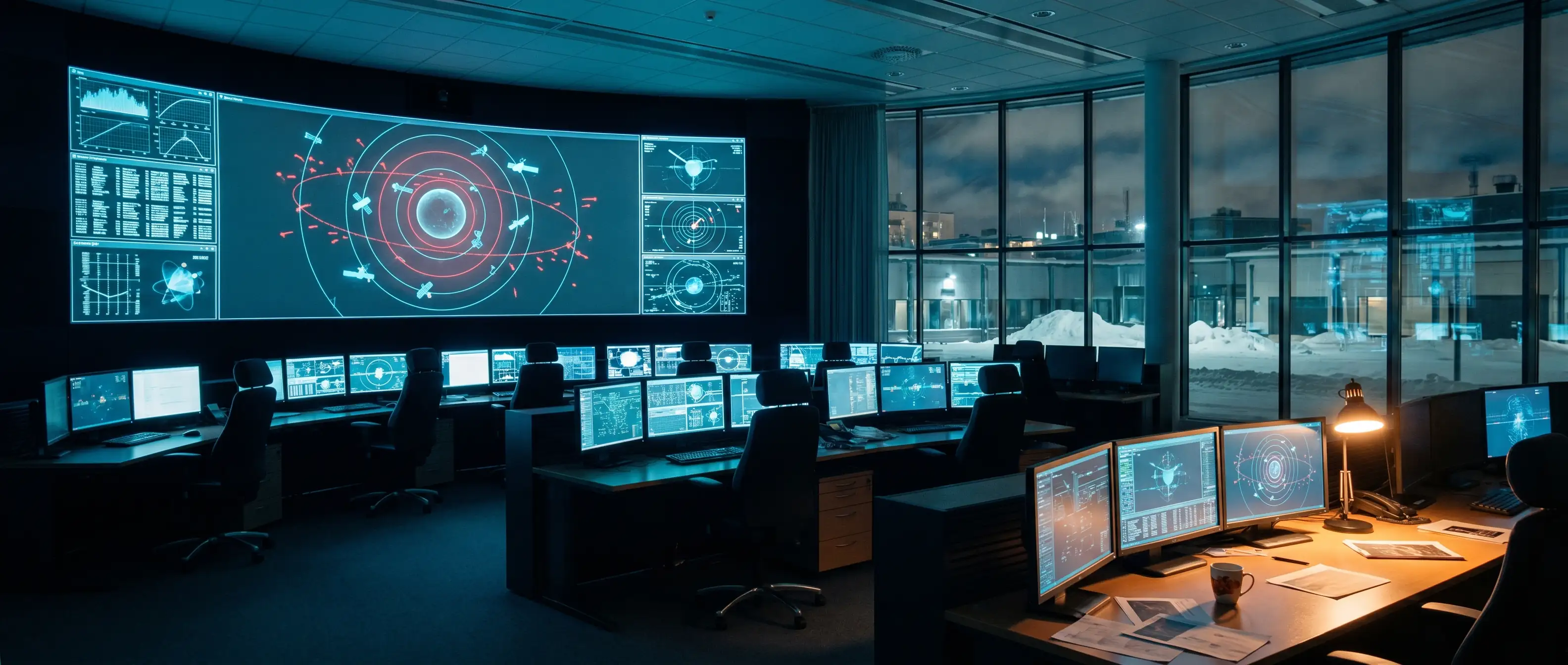 Helsinki space-operations control room at 03:40, empty workstations, a wall display tracking orbital debris