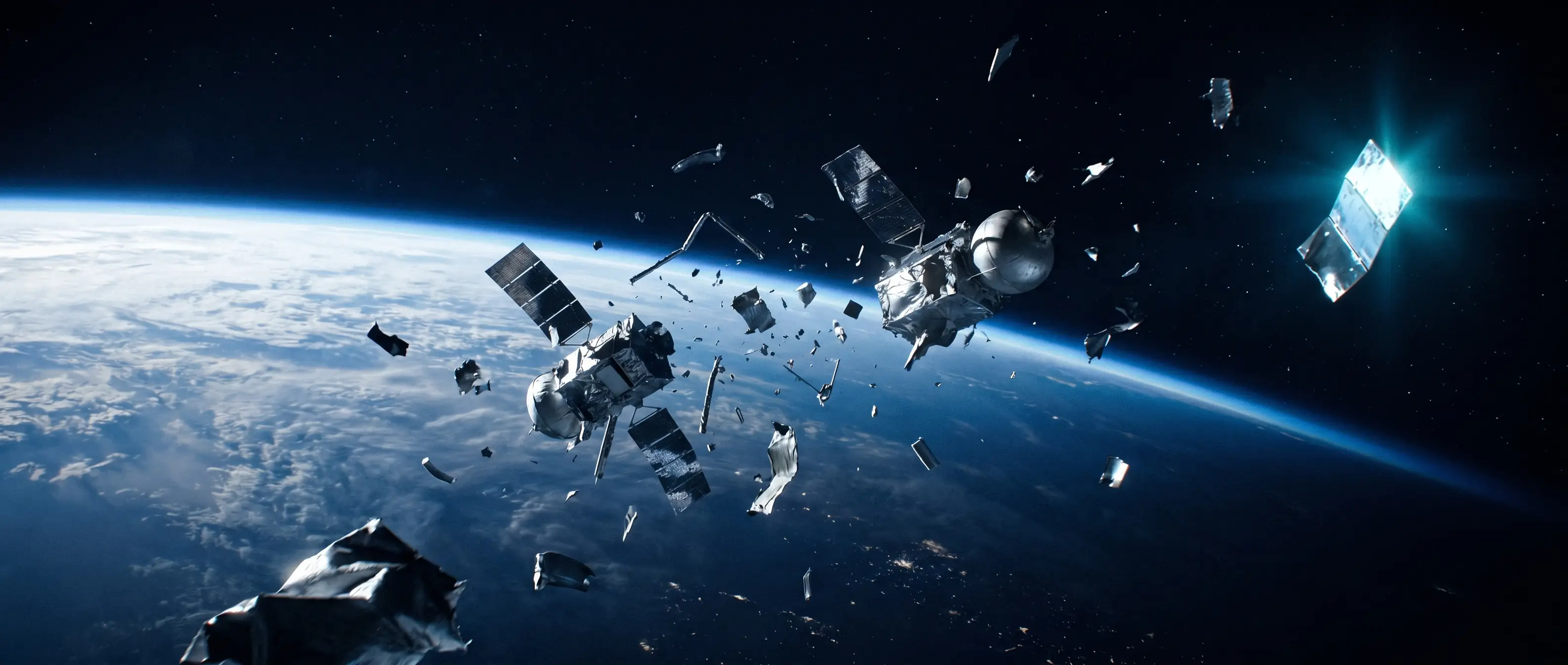 Two satellites and an expanding debris cloud over Earth's curve at orbital twilight, one outlying spacecraft catching a sunlit flare at frame edge