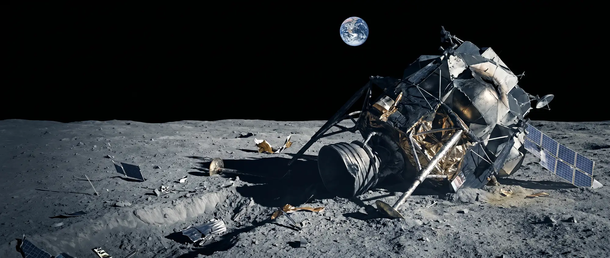 A catastrophically crashed American lunar lander on the Moon's surface, twisted metal and scattered debris, Earth visible as a small marble on the horizon