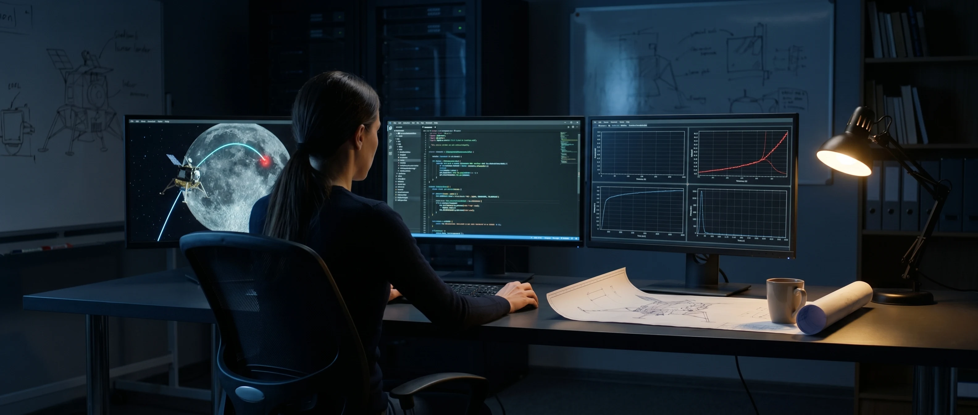 A female flight engineer photographed from behind at her dark workstation late at night, three monitors show a lunar lander descent simulation, code, and divergent telemetry plots